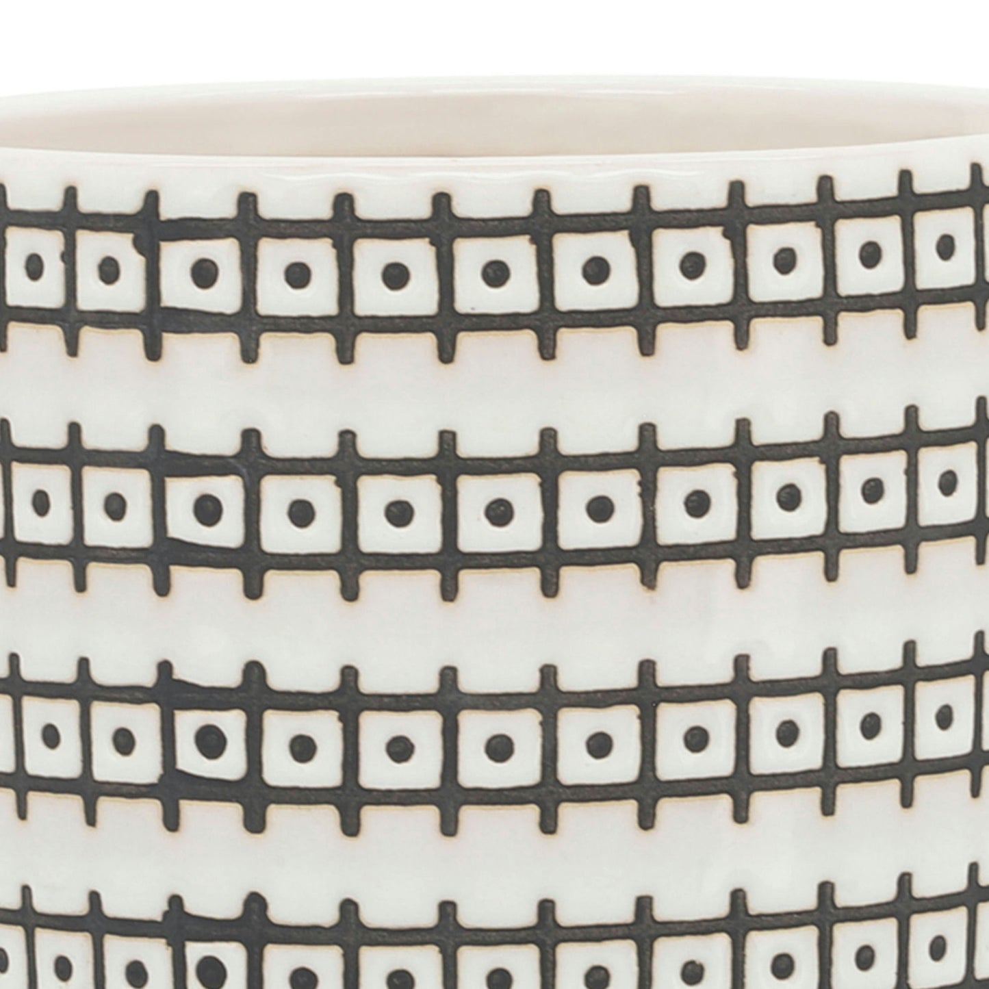 Cer, S/2 5/6" Abstract Planters W/ Saucer, Ivory, Grid Pattern