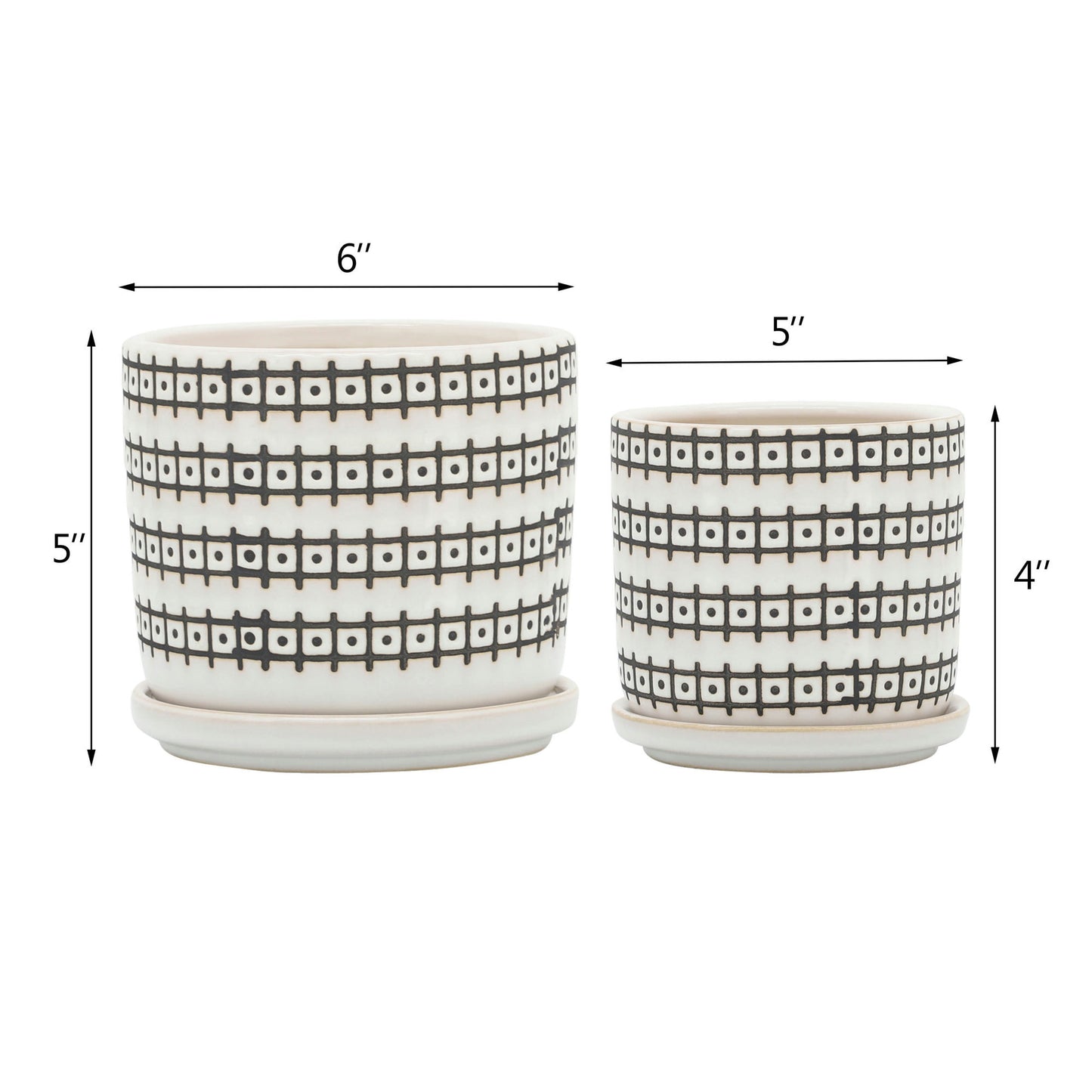 Cer, S/2 5/6" Abstract Planters W/ Saucer, Ivory, Grid Pattern