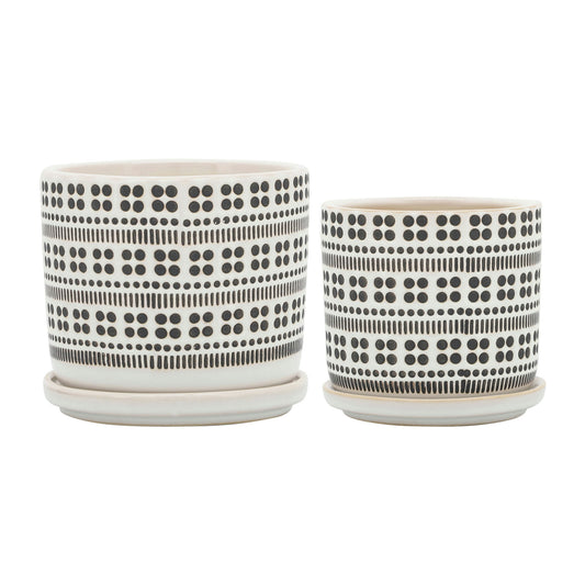 Cer, S/2 5/6" Abstract Planters W/ Saucer, Ivory, Dot Pattern