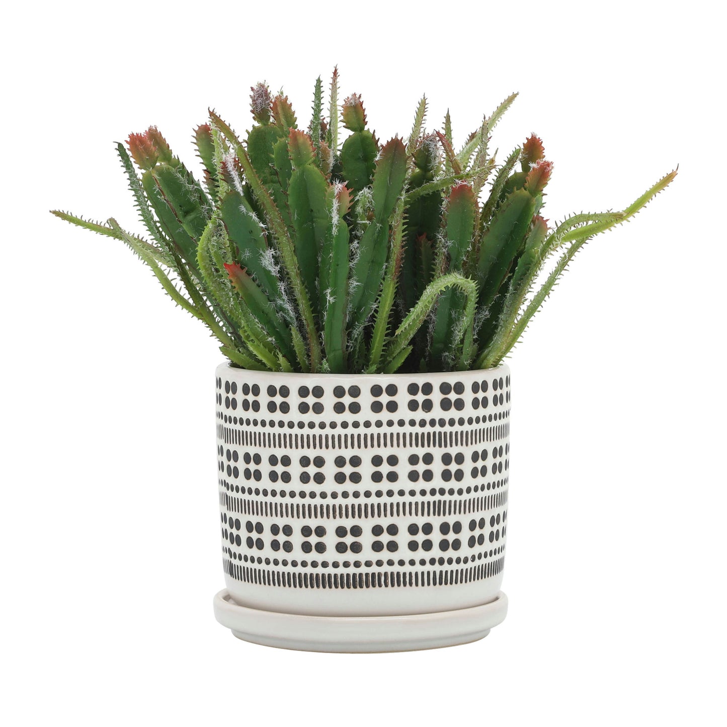 Cer, S/2 5/6" Abstract Planters W/ Saucer, Ivory, Dot Pattern