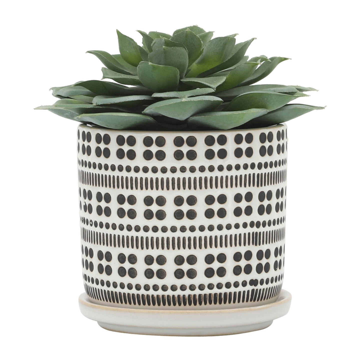 Cer, S/2 5/6" Abstract Planters W/ Saucer, Ivory, Dot Pattern