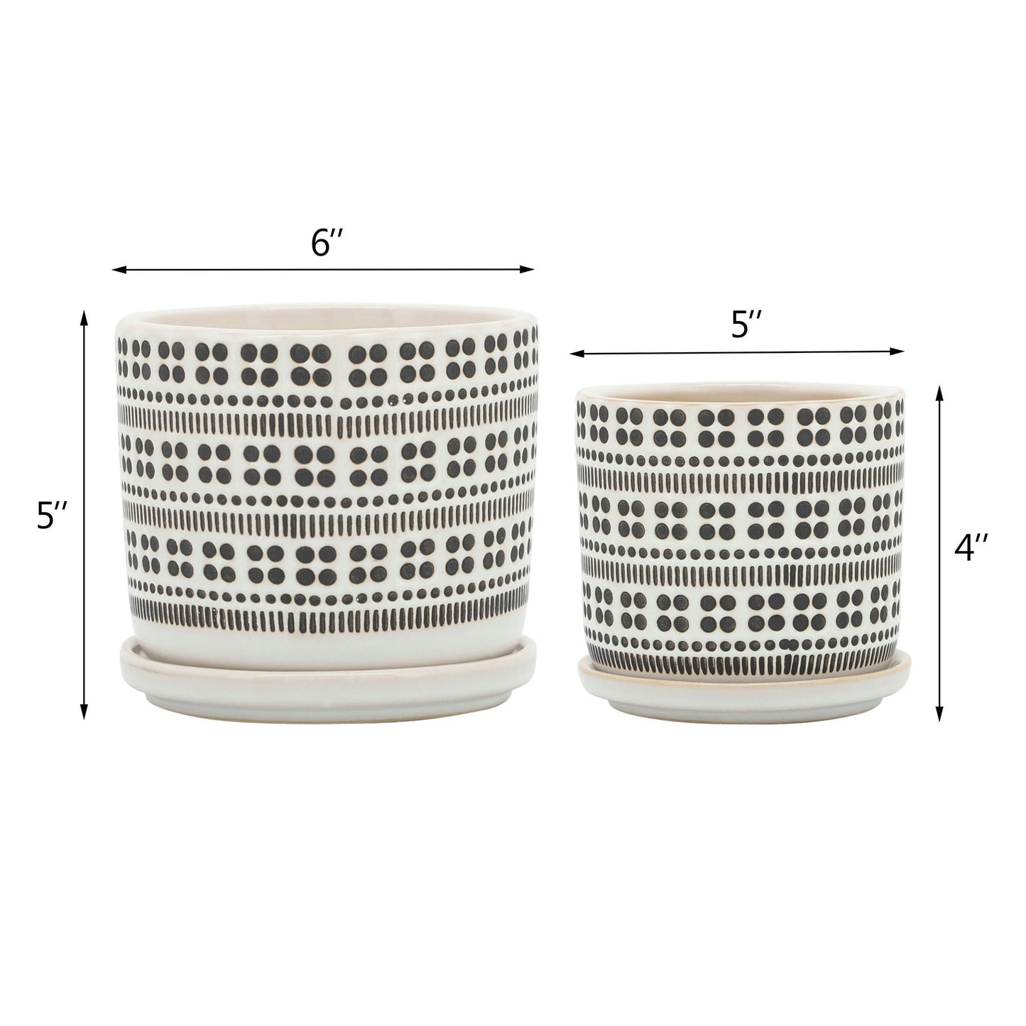 Cer, S/2 5/6" Abstract Planters W/ Saucer, Ivory, Dot Pattern