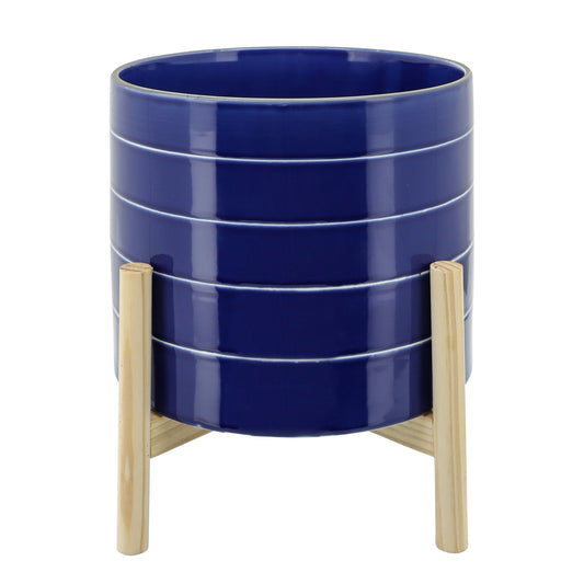 10" Striped Planter W/ Wood Stand, Navy