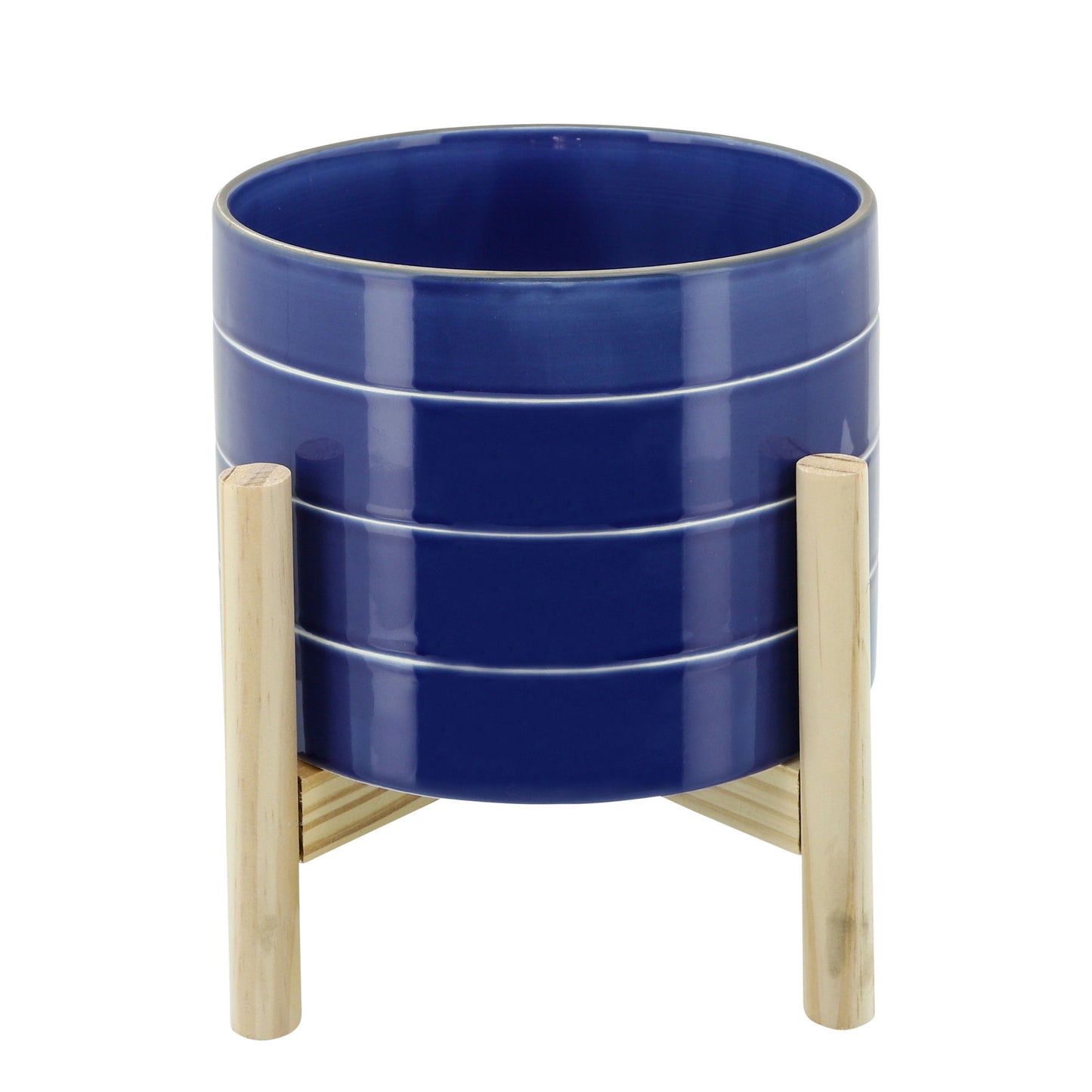 8" Striped Planter W/ Wood Stand, Navy