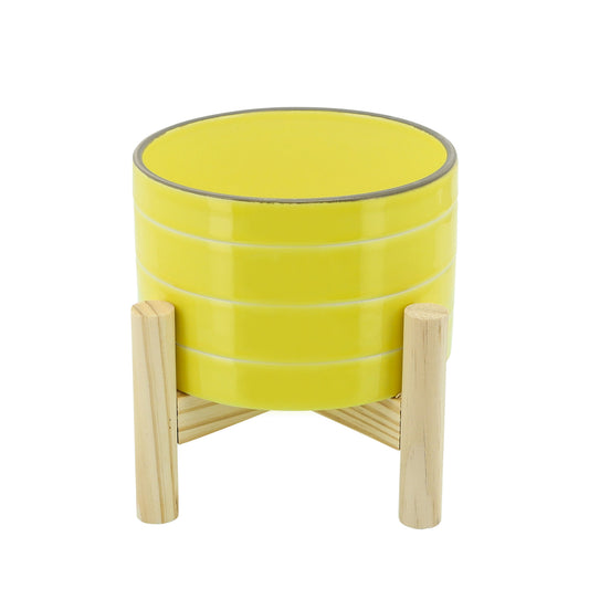 6" Striped Planter W/ Wood Stand, Yellow