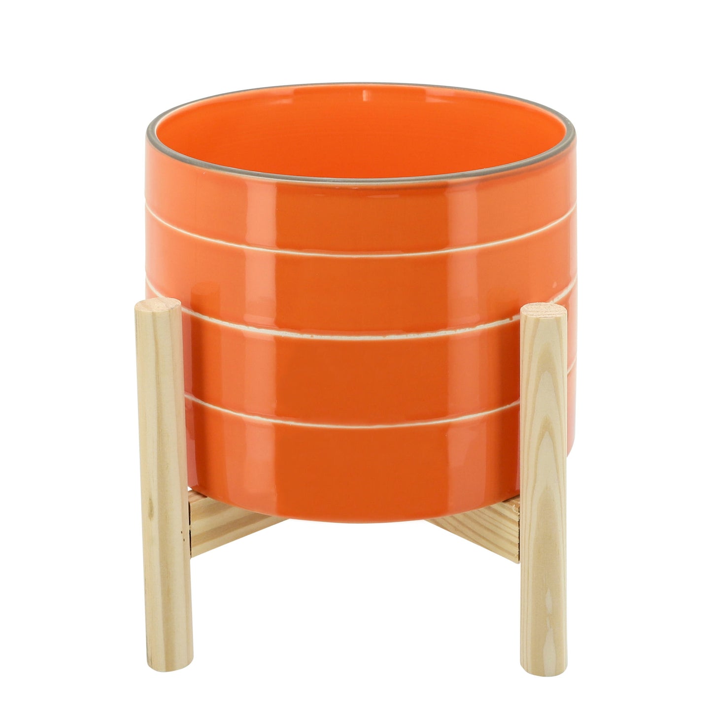 8" Striped Planter W/ Wood Stand, Orange