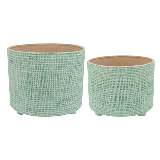 S/2 10/12" Checkered Footed Planter, Green