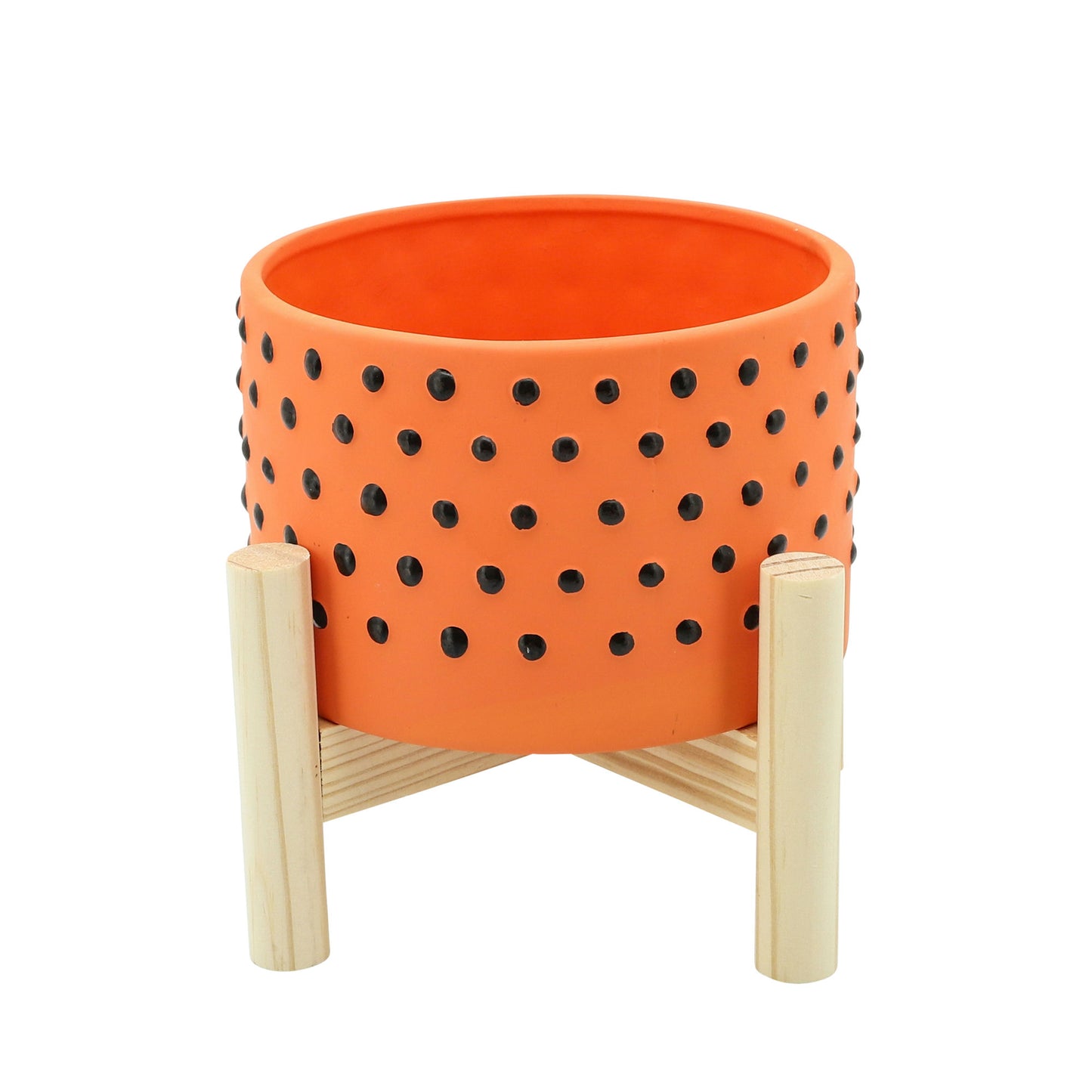 6" Dotted Planter W/ Wood Stand, Orange