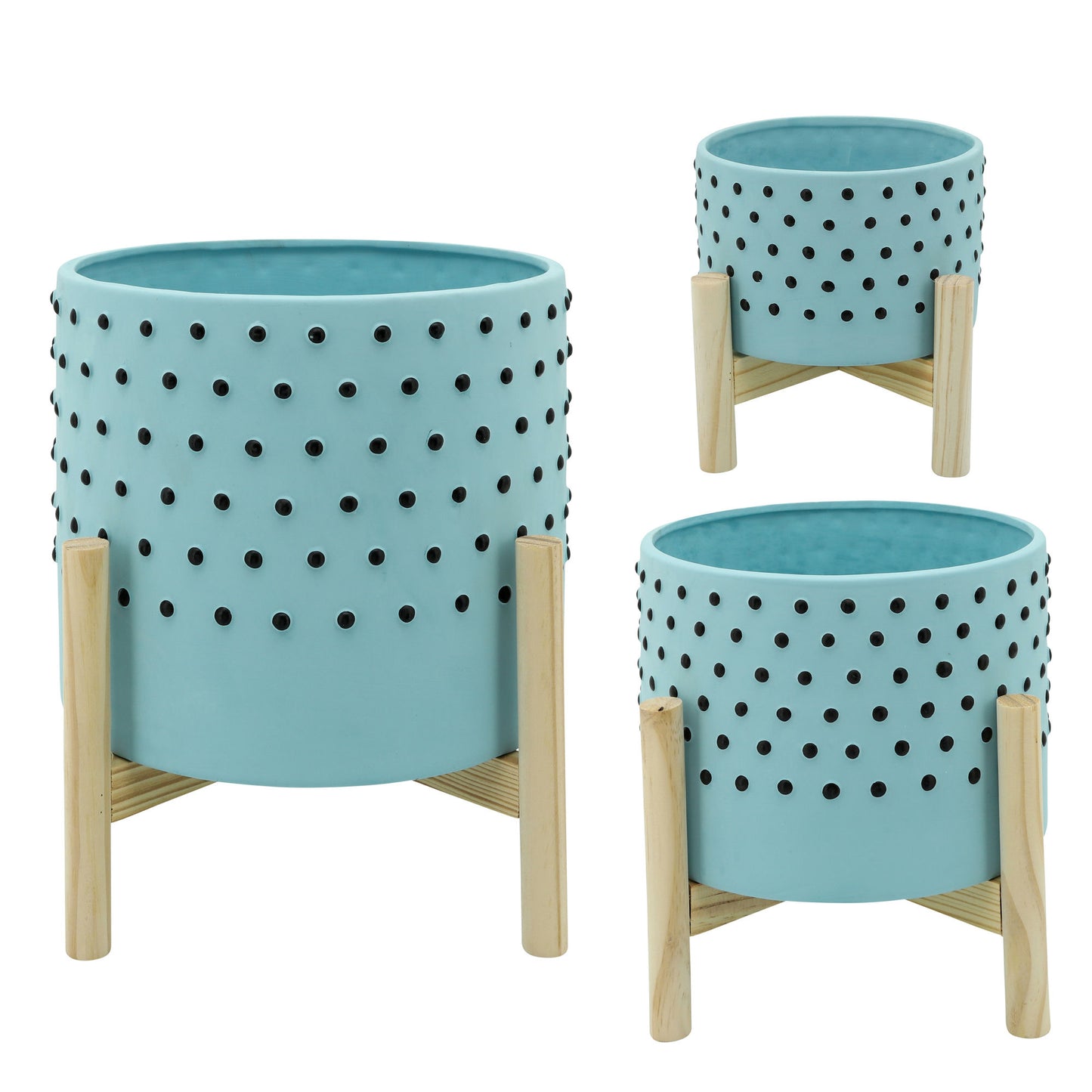 10" Dotted Planter W/ Wood Stand, Light Blue