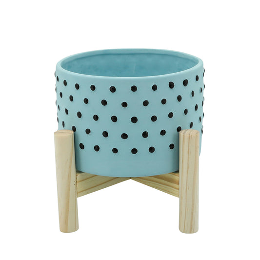 6" Dotted Planter W/ Wood Stand, Blue