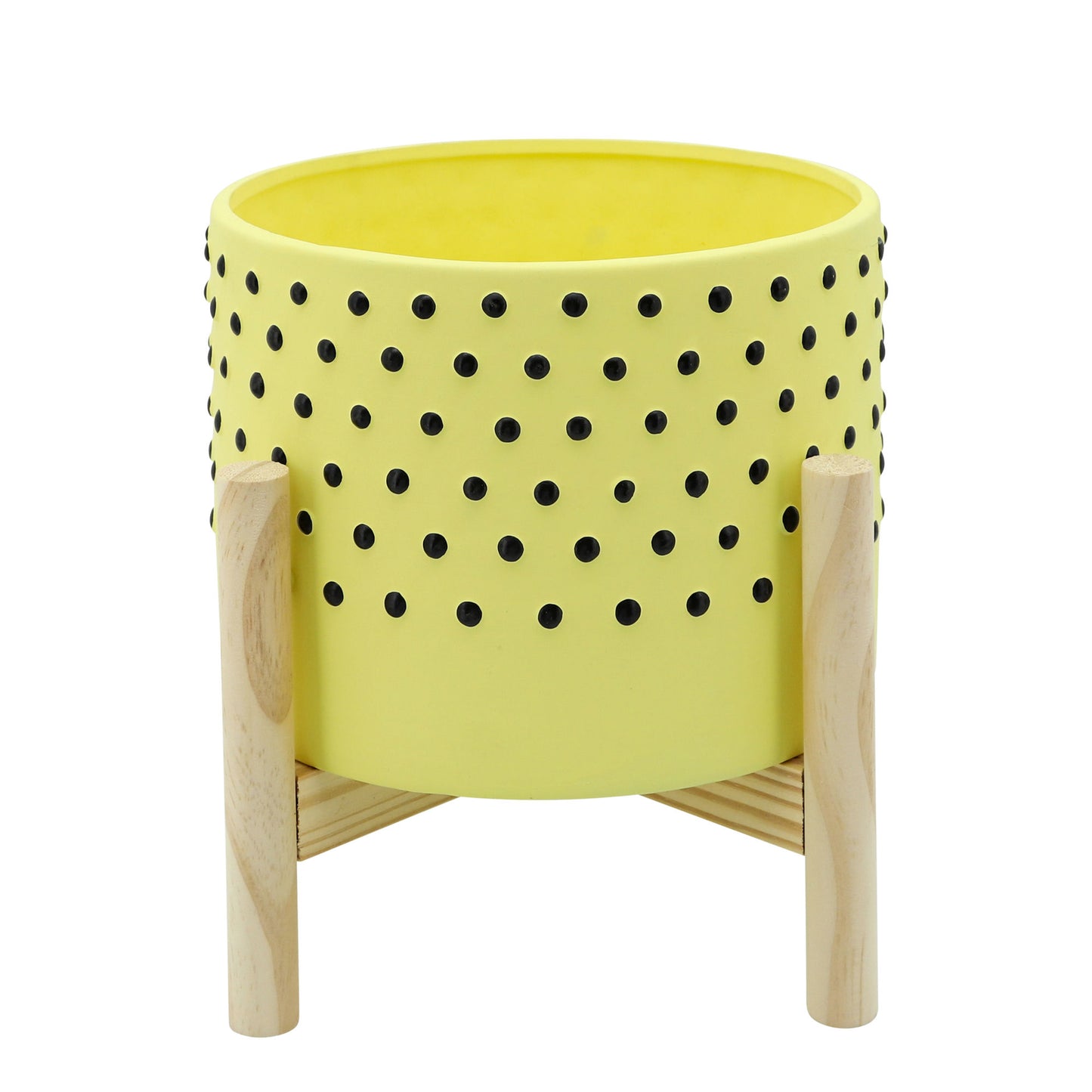 8" Dotted Planter W/ Wood Stand, Yellow