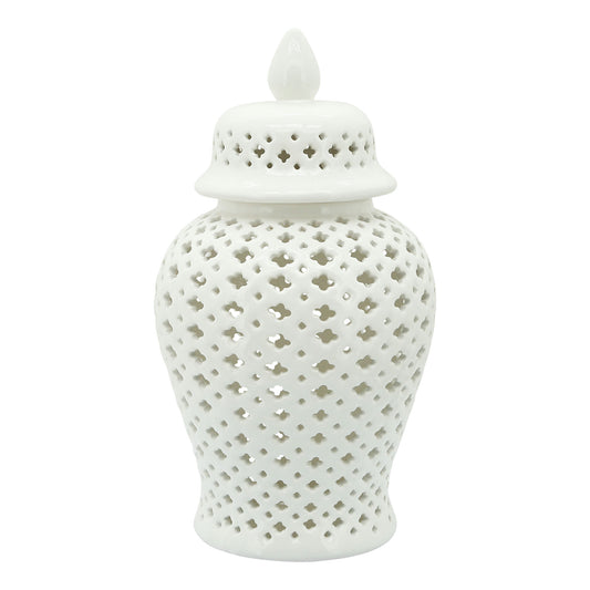 17" Cut-out Clover Temple Jar, White
