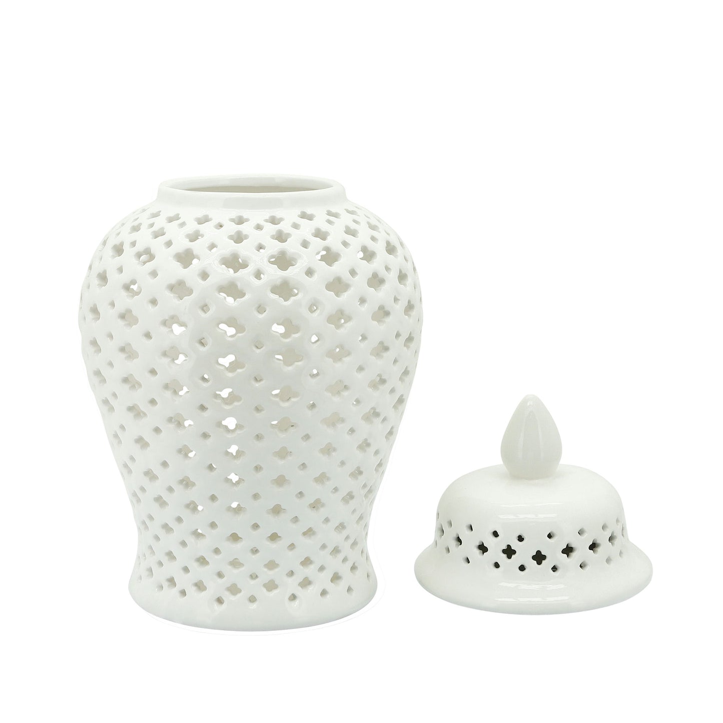 17" Cut-out Clover Temple Jar, White