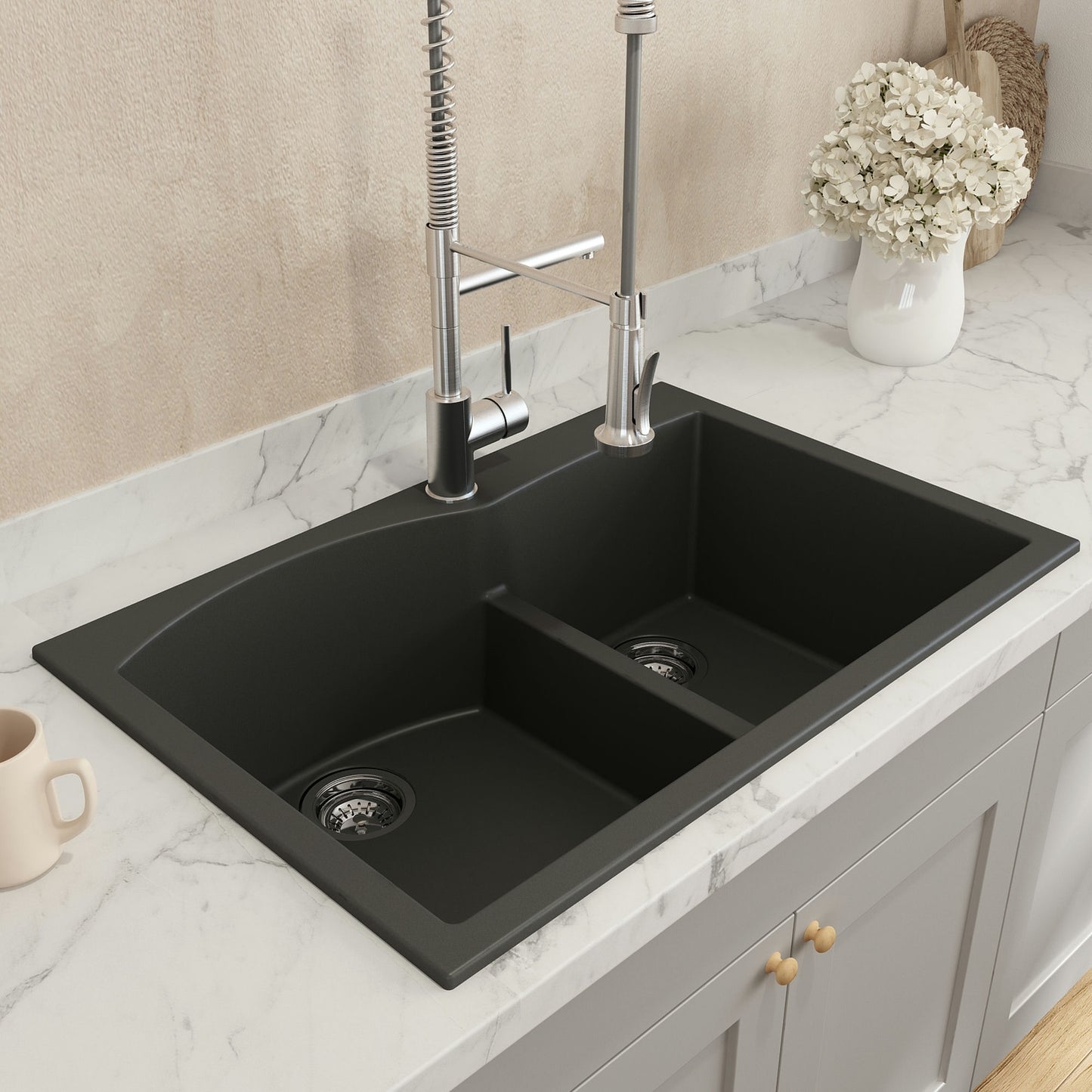 Campino Duo Dual Mount Granite 33" 60/40 Double Bowl Kitchen Sink in Matte Black