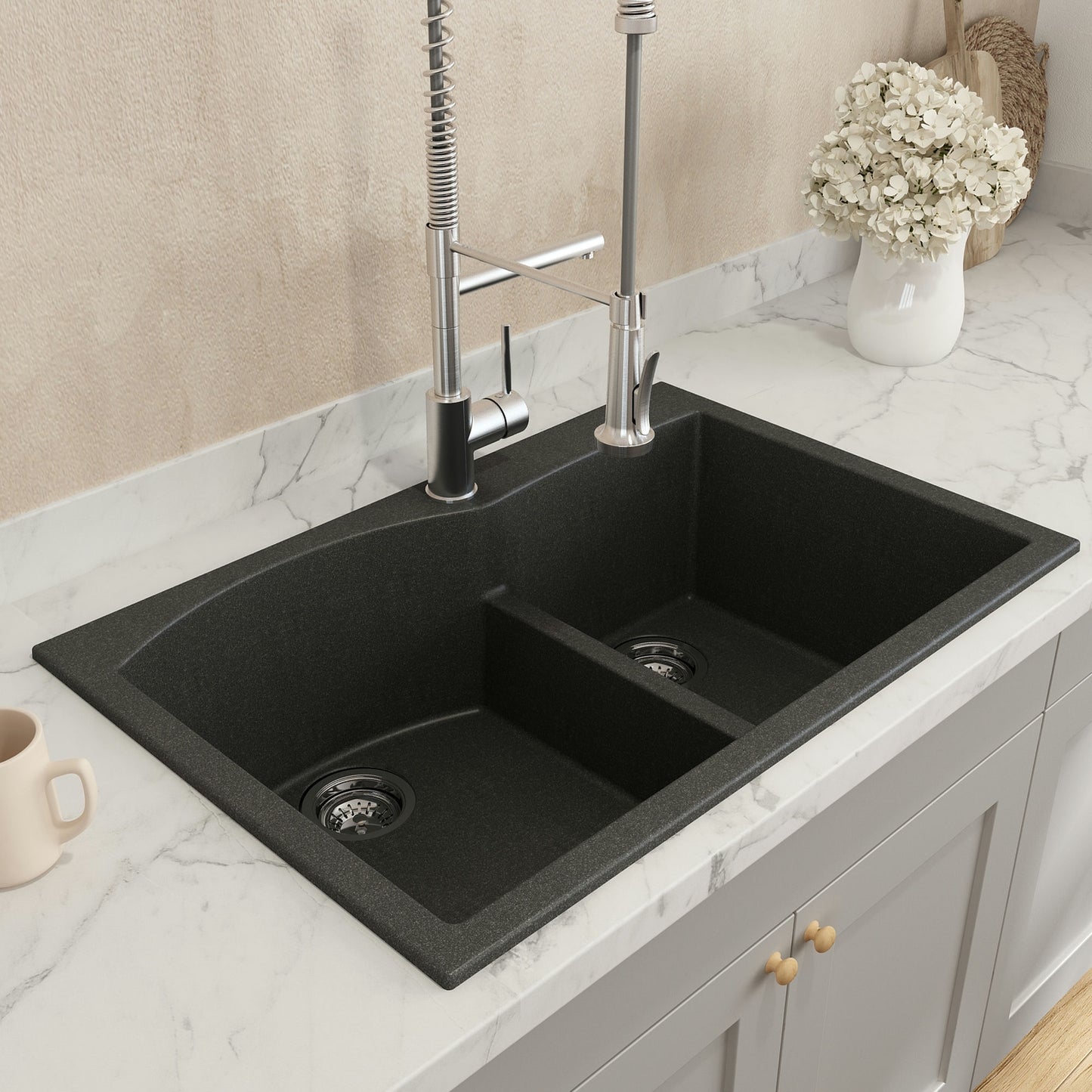 Campino Duo Dual Mount Granite 33" 60/40 Double Bowl Kitchen Sink Metallic Black