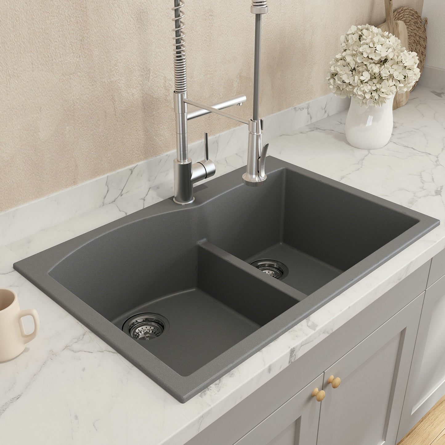 Campino Duo Dual Mount Granite 33" 60/40 Double Bowl Kitchen Sink Concrete Gray