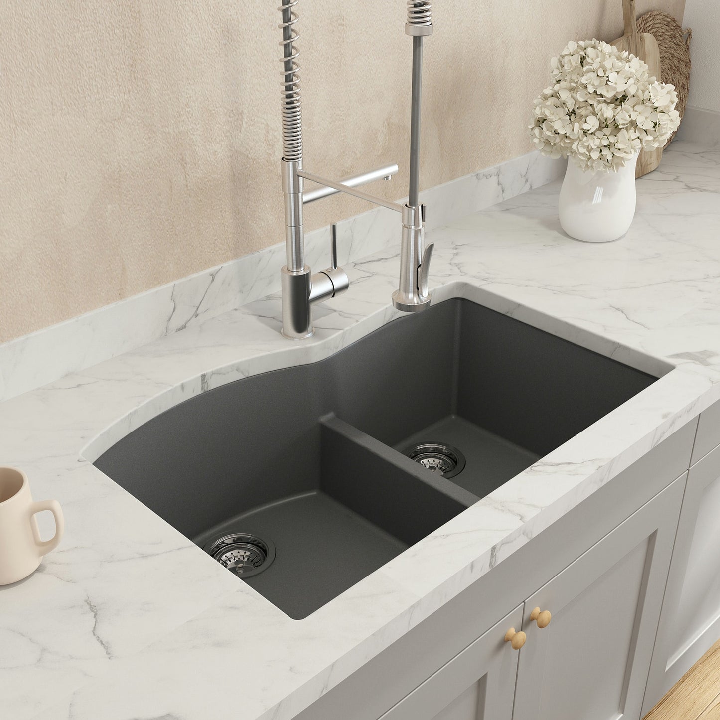 Campino Duo Dual Mount Granite 33" 60/40 Double Bowl Kitchen Sink Concrete Gray