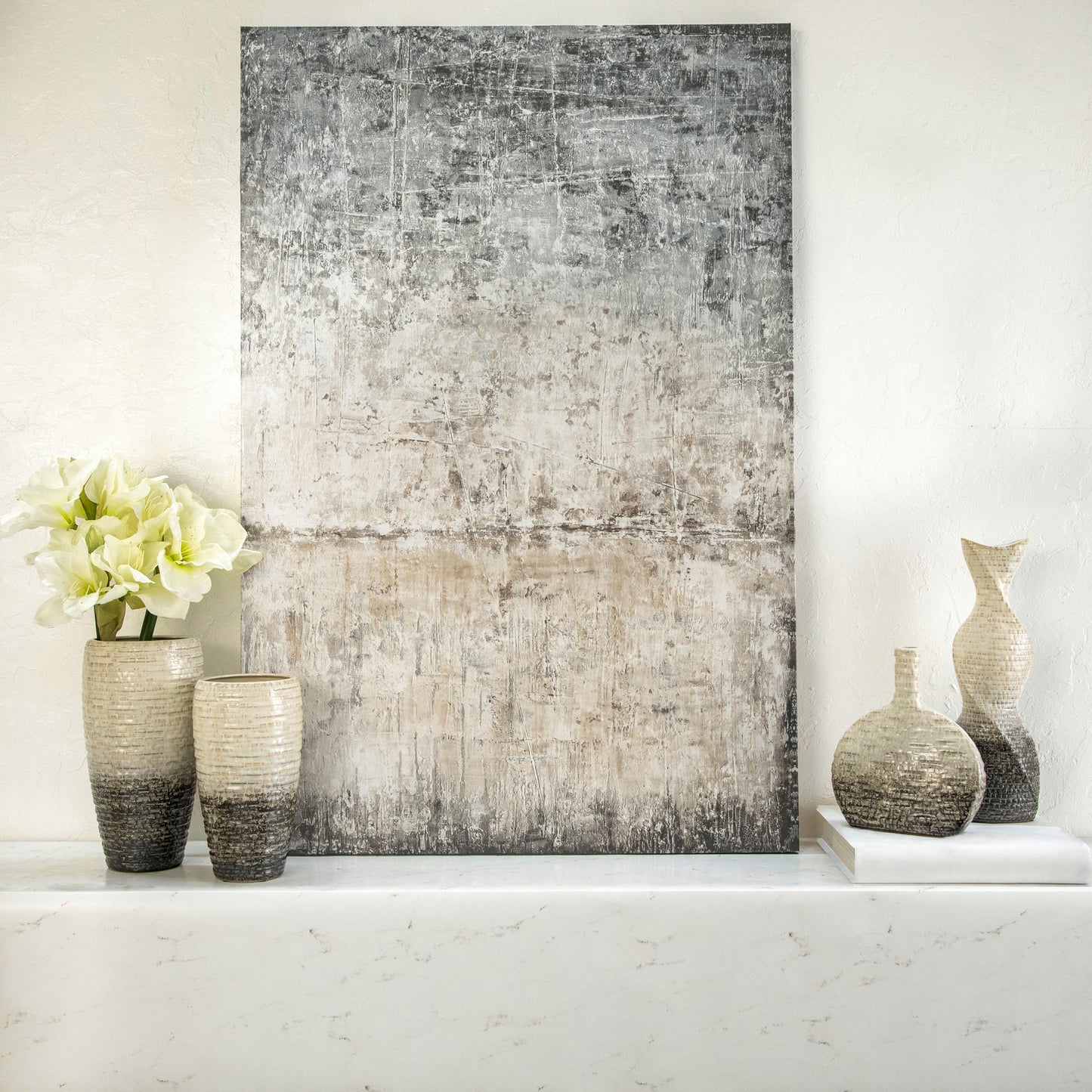 10"h Textured Oval 2-tone Vase, Beige