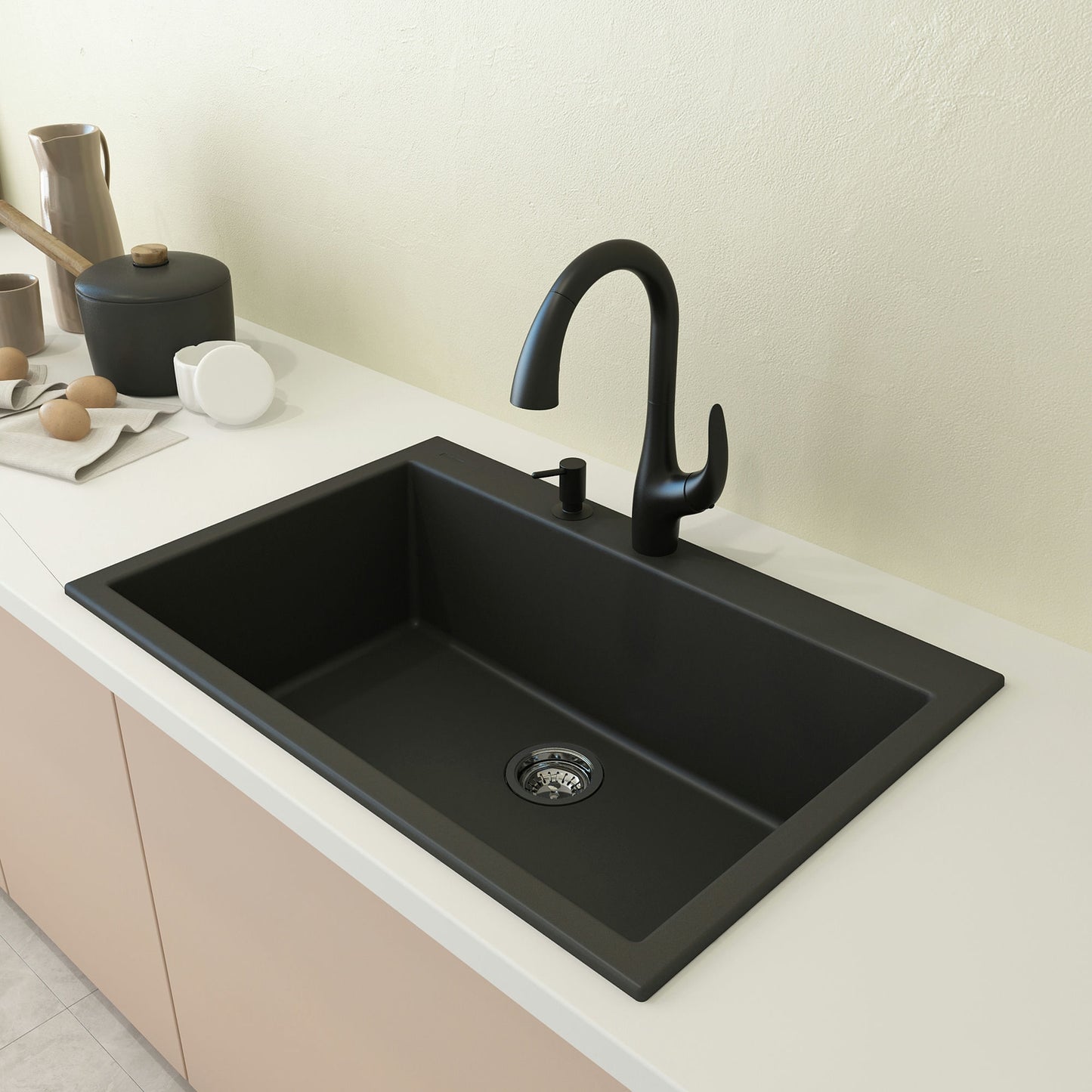 Campino Uno Dual Mount Granite 33" Single Bowl Kitchen Sink in Matte Black