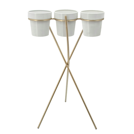 3-cup Metal Planter On Gold Stand, White