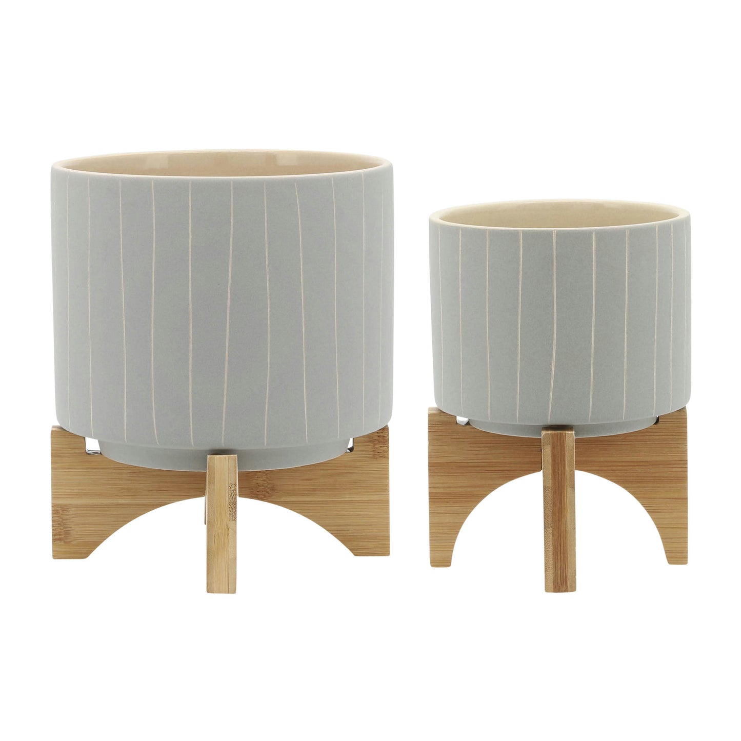 Cer, S/2 5/8" Stripes Planter W/ Stand, Tan