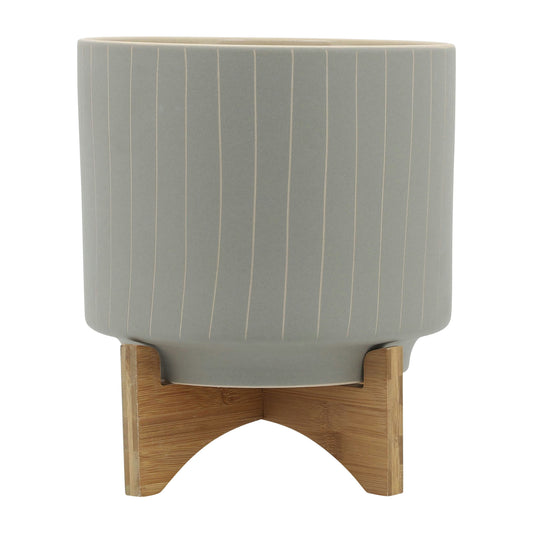 Cer, S/2 8/10" Stripes Planter W/ Stand, Tan