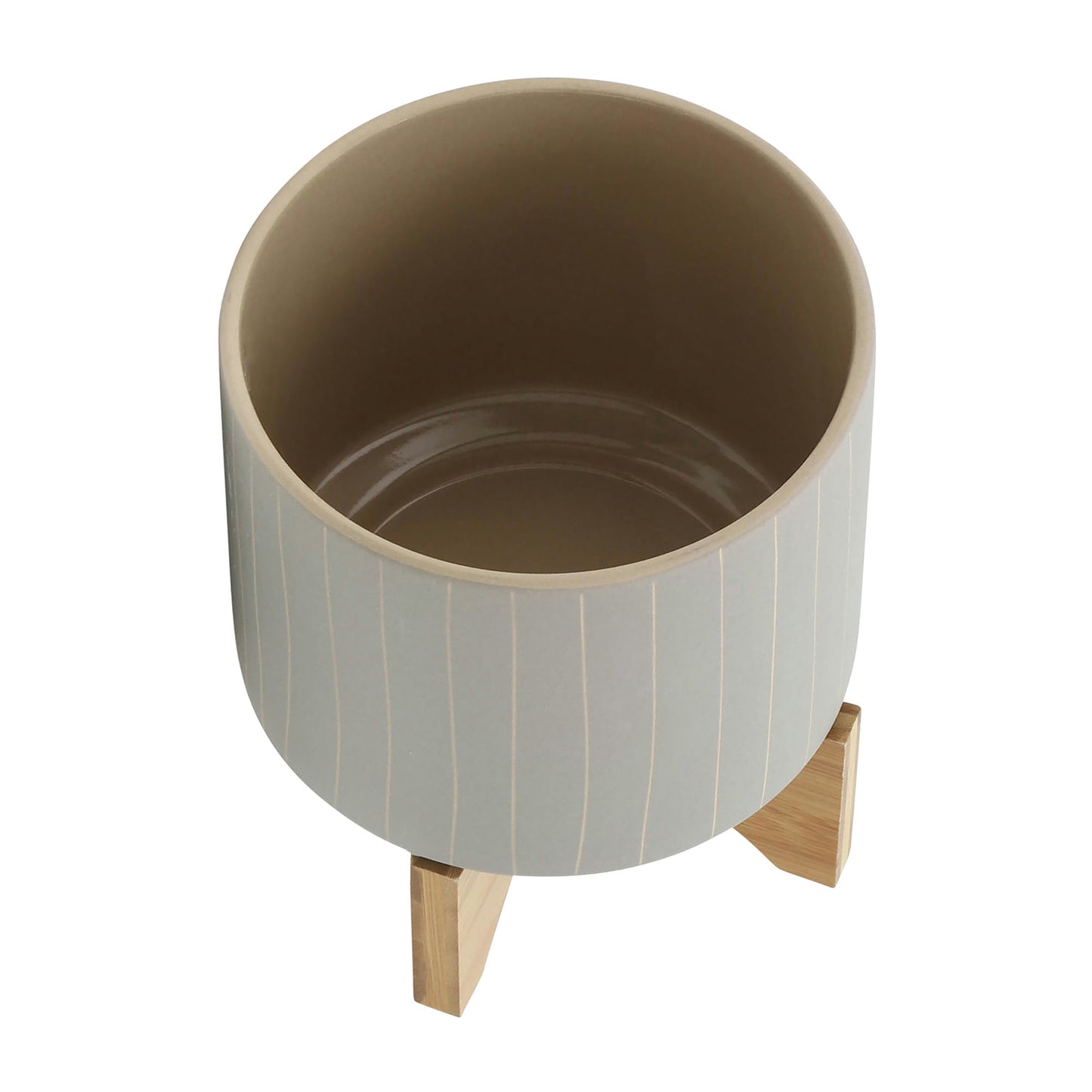 Cer, S/2 8/10" Stripes Planter W/ Stand, Tan