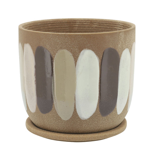 8" Stripes Planter W/ Saucer, Tan