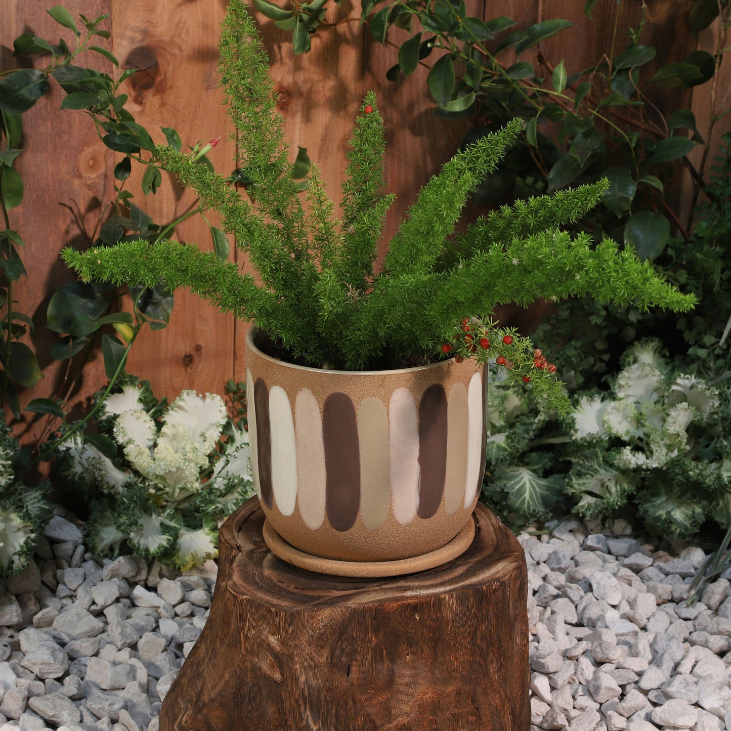 8" Stripes Planter W/ Saucer, Tan