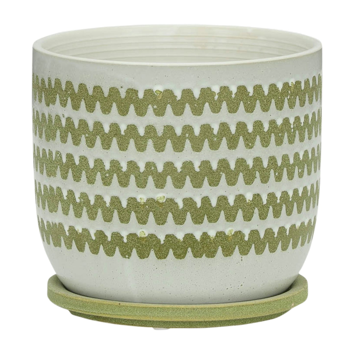 Cer, 8" Zigzag Planter W/ Saucer, Olive