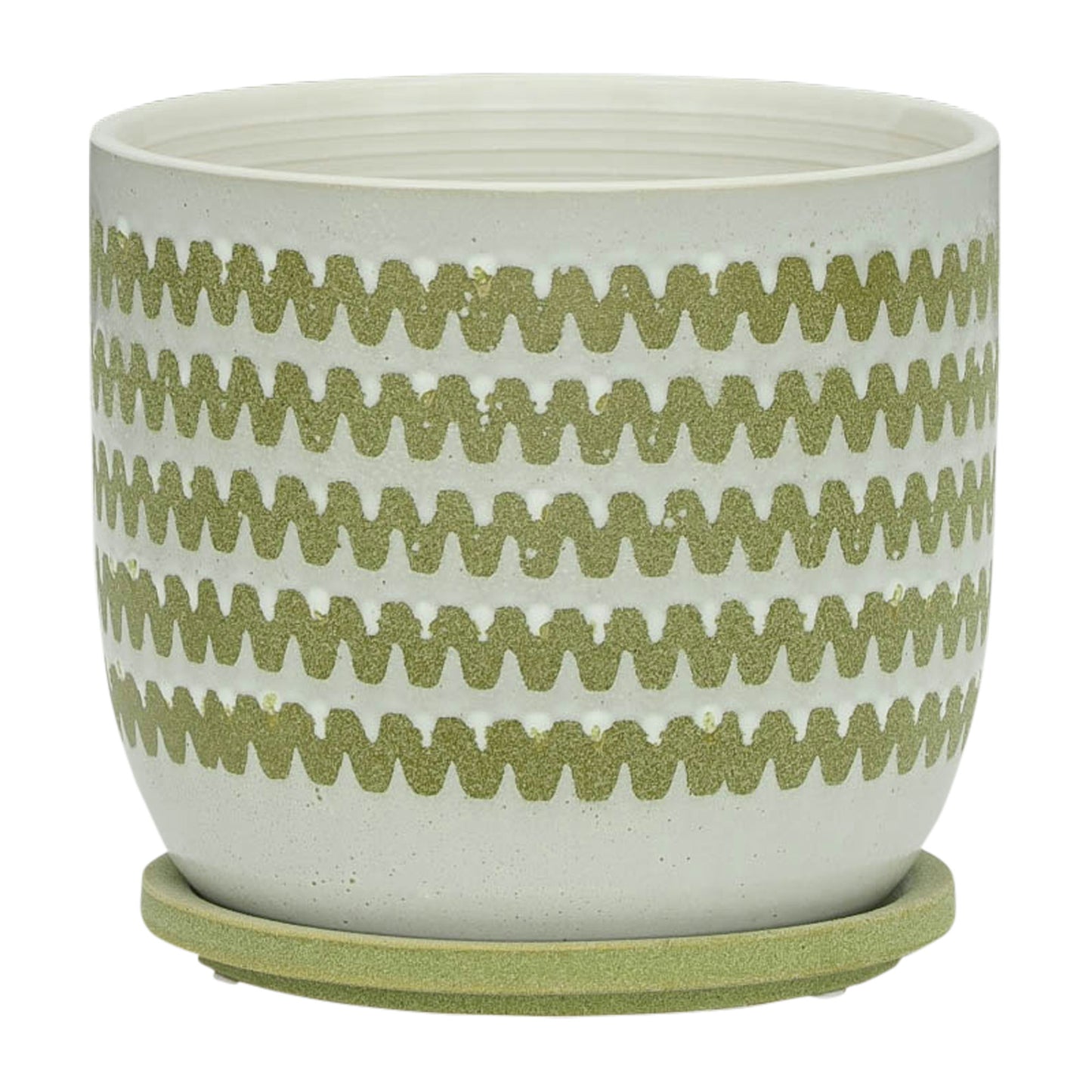 Cer, 8" Zigzag Planter W/ Saucer, Olive