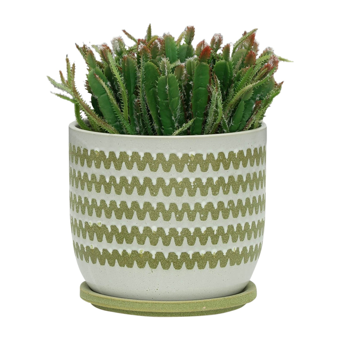 Cer, 8" Zigzag Planter W/ Saucer, Olive