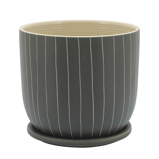 8" Stripes Planter W/ Saucer, Gray