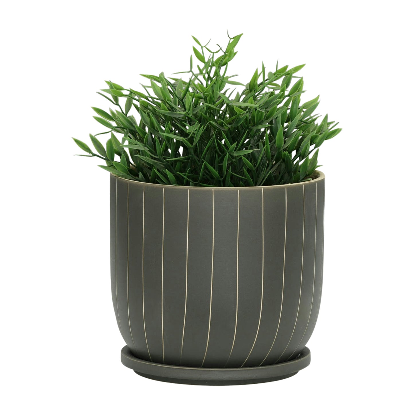 8" Stripes Planter W/ Saucer, Gray