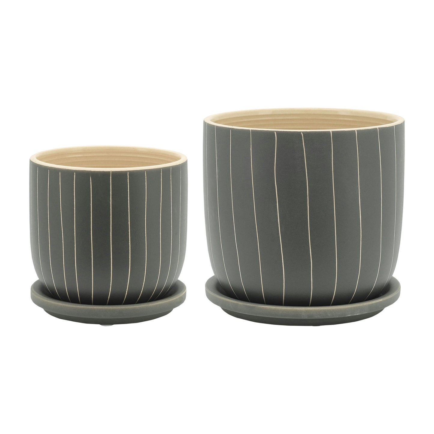 S/2 5/6" Stripes Planter W/ Saucer, Gray