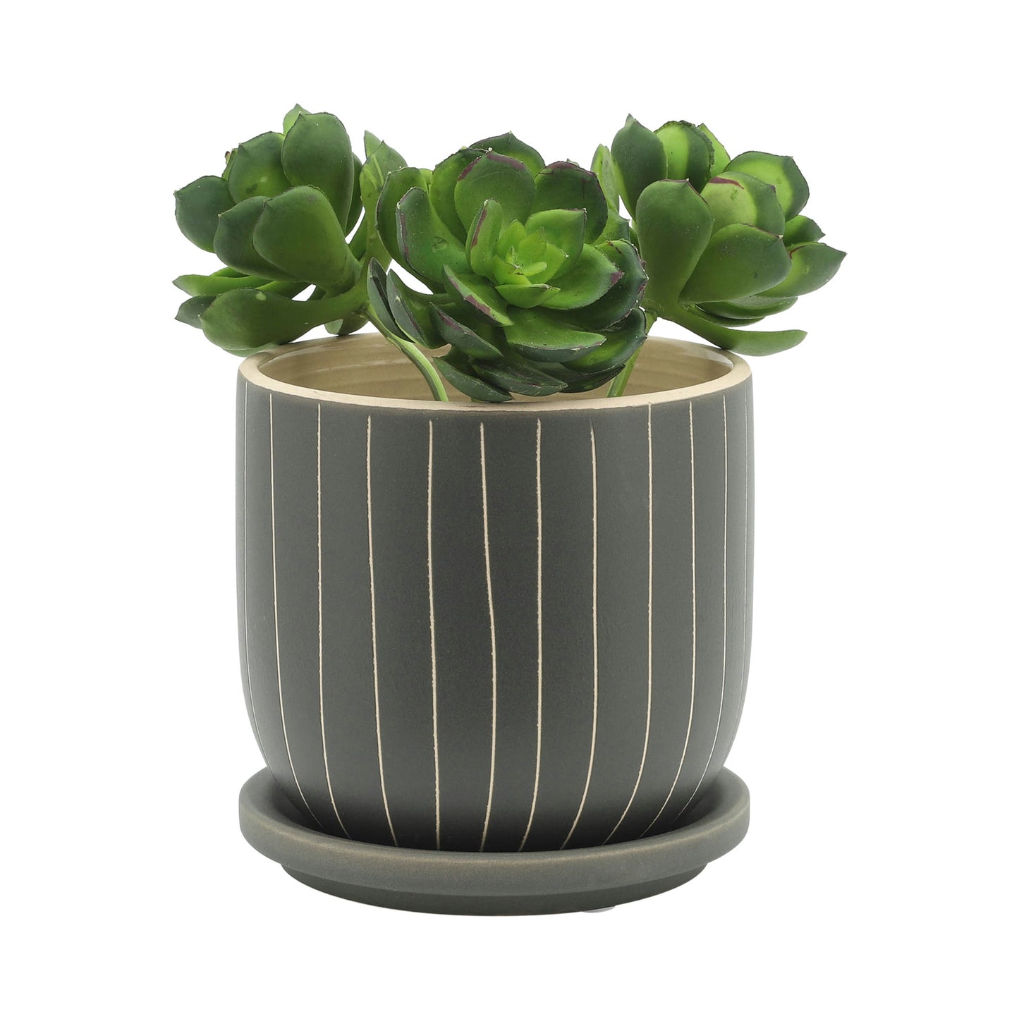 S/2 5/6" Stripes Planter W/ Saucer, Gray