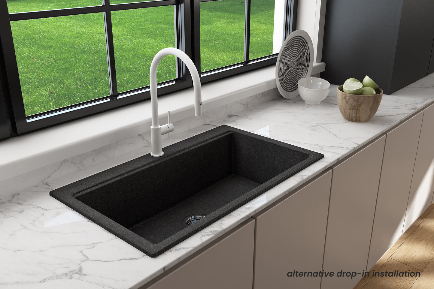 Baveno Lux Dual-Mount 34" Single Bowl Granite Kitchen Sink in Metallic Black