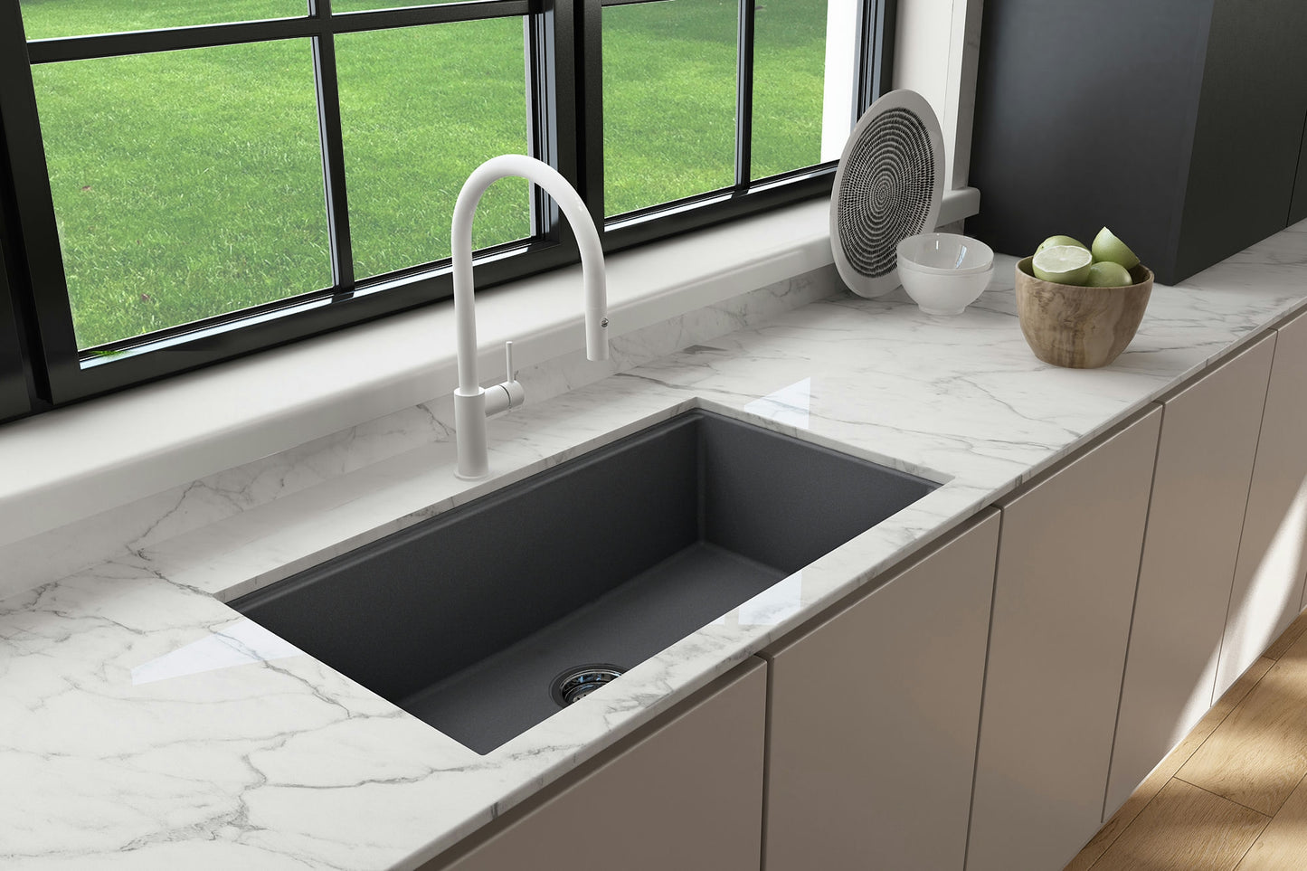 Baveno Lux Dual-Mount 34" Single Bowl Granite Kitchen Sink in Concrete Gray