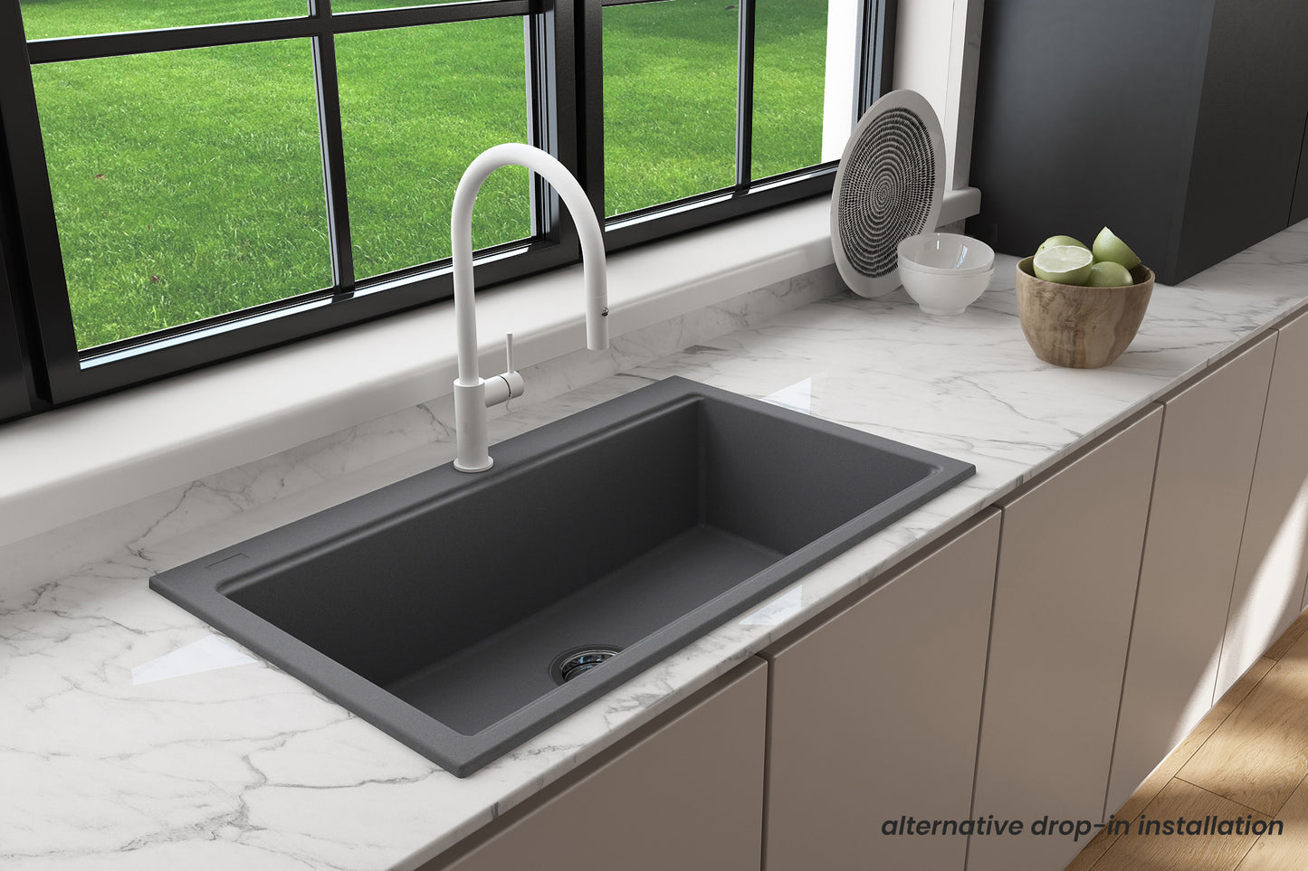 Baveno Lux Dual-Mount 34" Single Bowl Granite Kitchen Sink in Concrete Gray