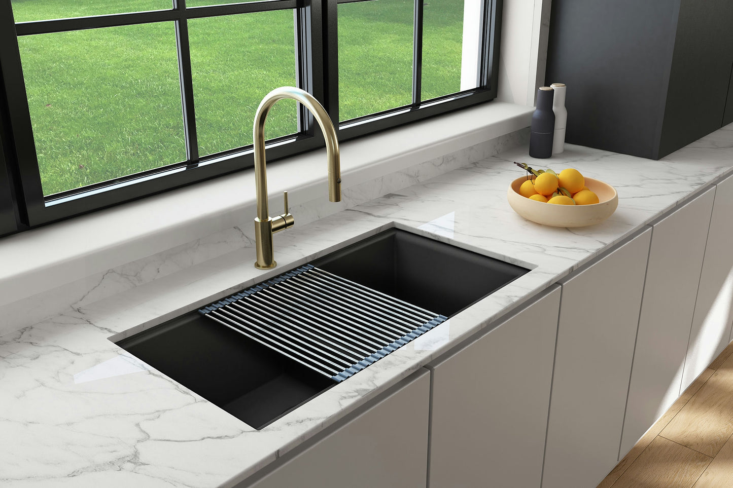 Baveno Lux Undermount 34D" Double Bowl Granite Kitchen Sink in Matte Black