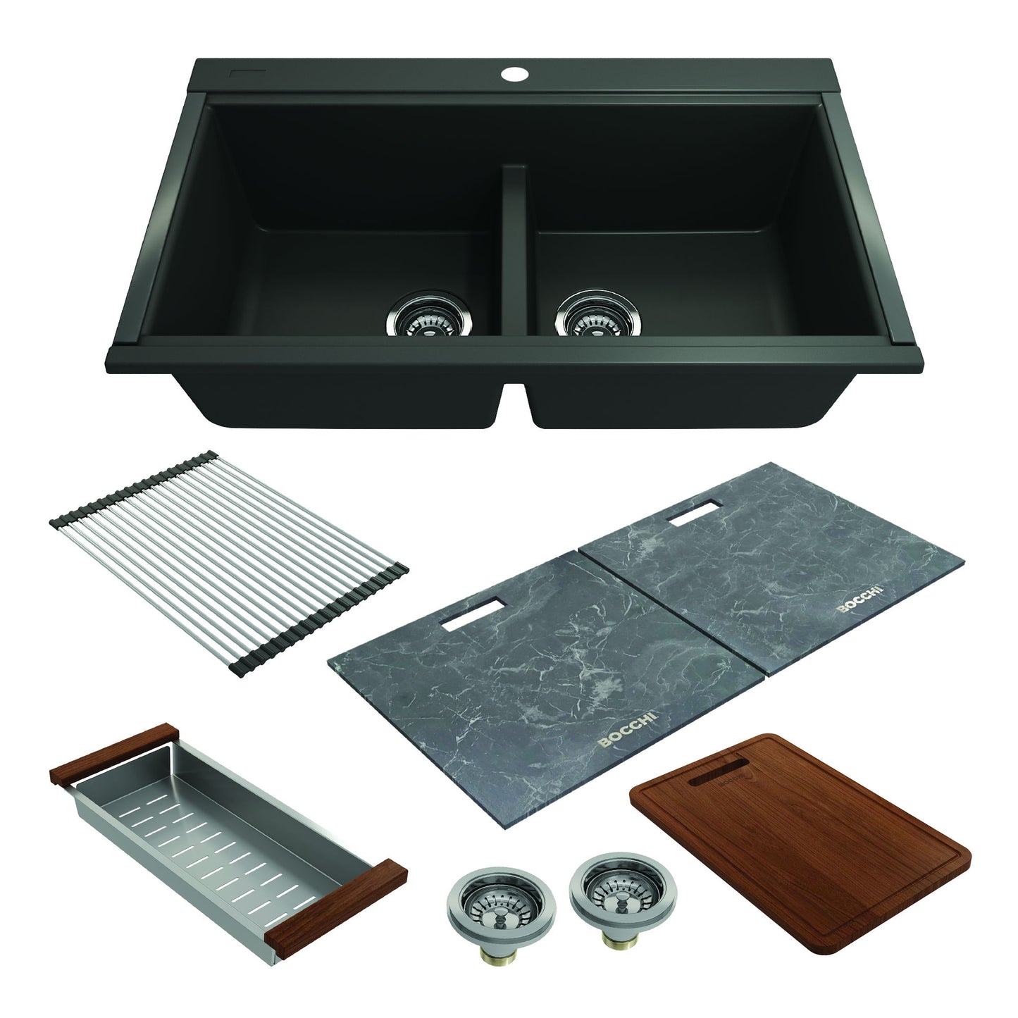 Baveno Lux Undermount 34D" Double Bowl Granite Kitchen Sink Matte Black, Covers