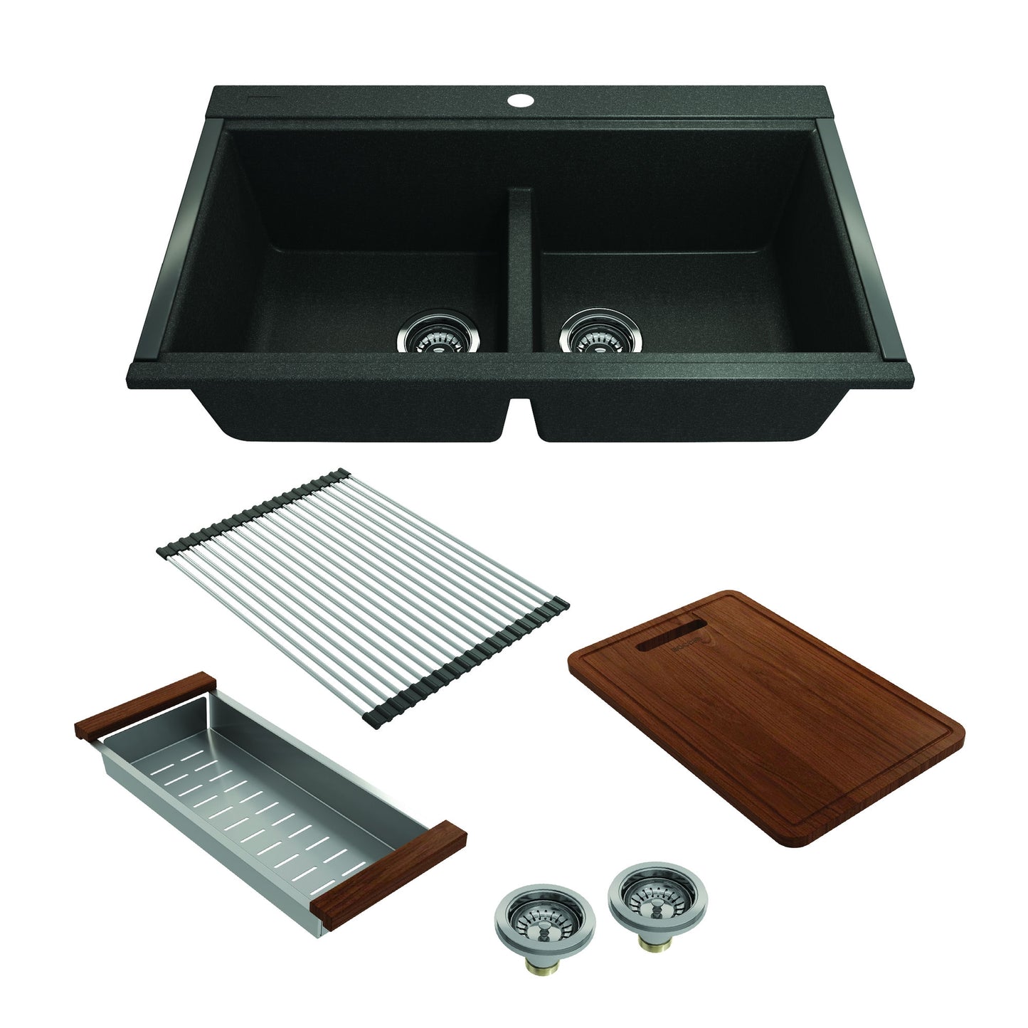 Baveno Lux Undermount 34D" Double Bowl Granite Kitchen Sink in Metallic Black