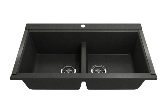 Baveno Lux Undermount 34D" Double Bowl Granite Kitchen Sink in Metallic Black