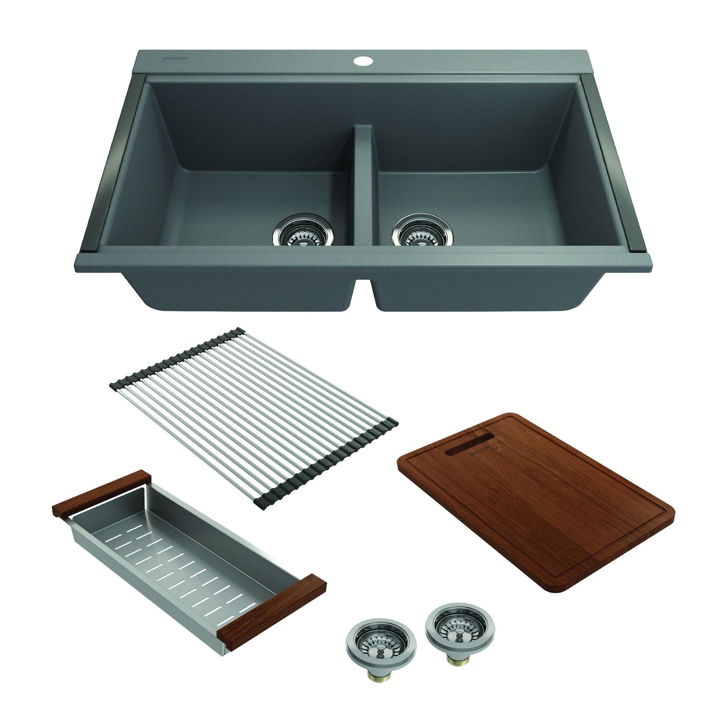 Baveno Lux Undermount 34D" Double Bowl Granite Kitchen Sink in Concrete Gray