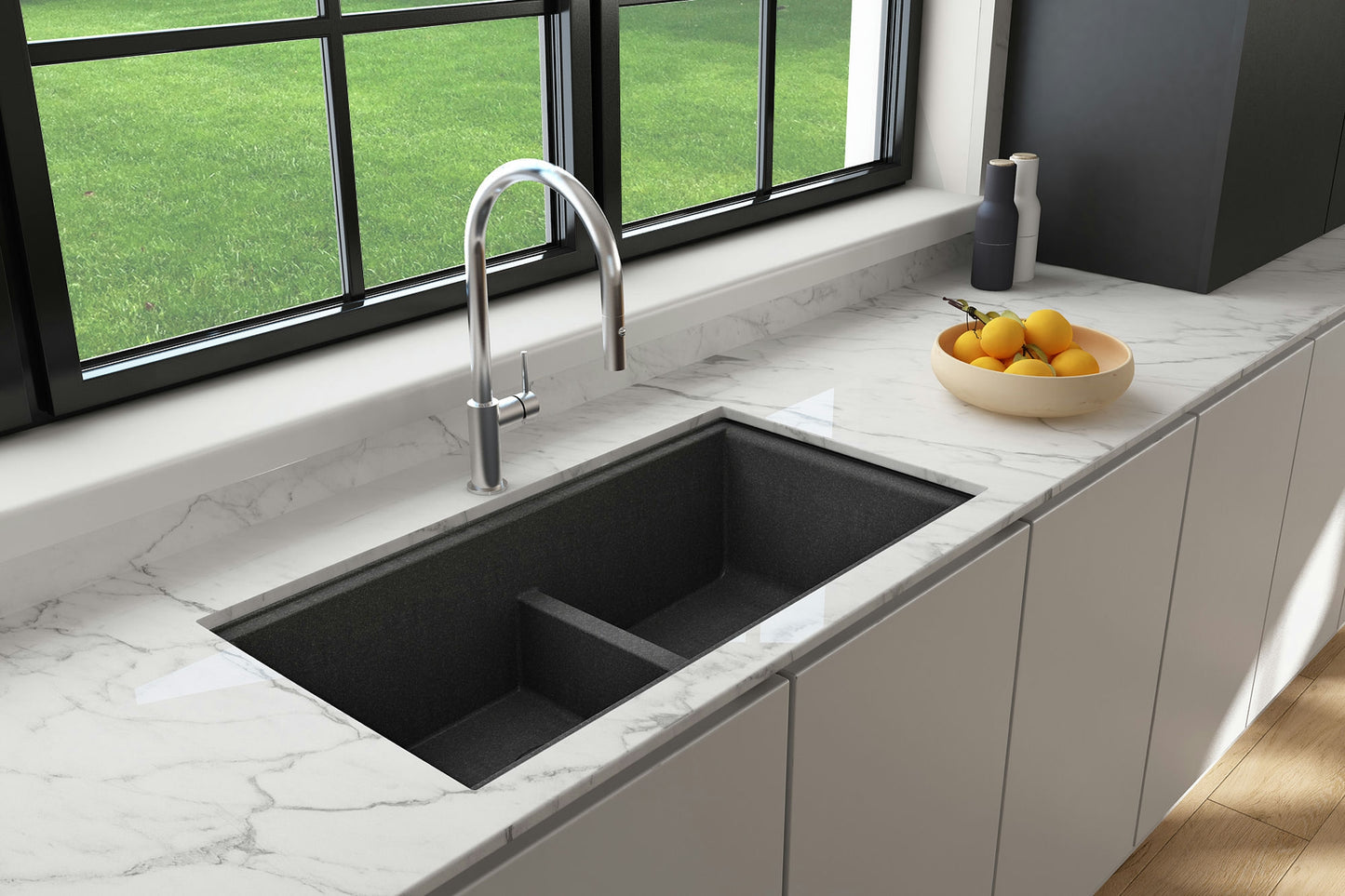 Baveno Lux Undermount 34D" Double Bowl Granite Kitchen Sink in Concrete Gray