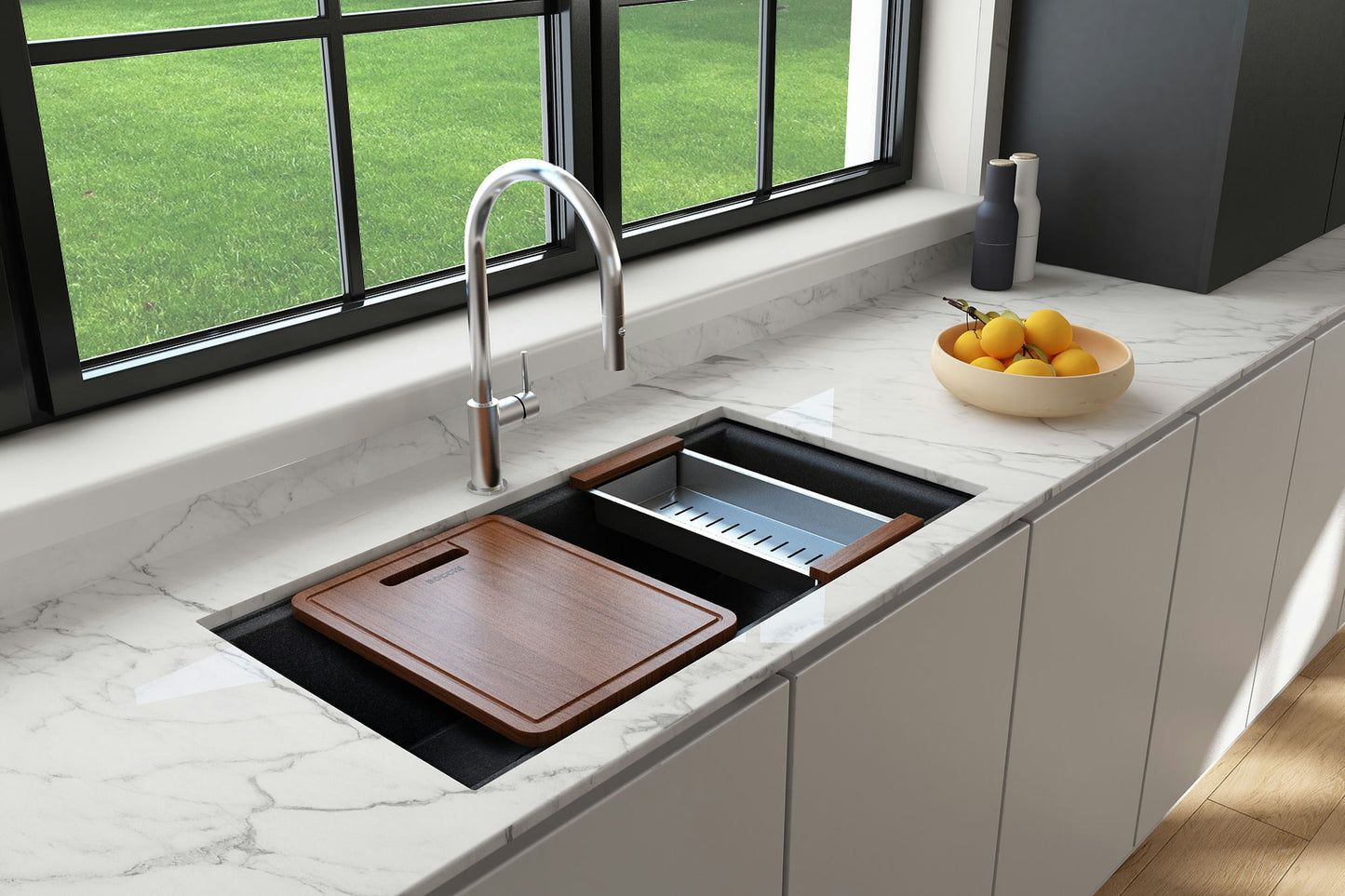 Baveno Lux Undermount 34D" Double Bowl Granite Kitchen Sink in Concrete Gray