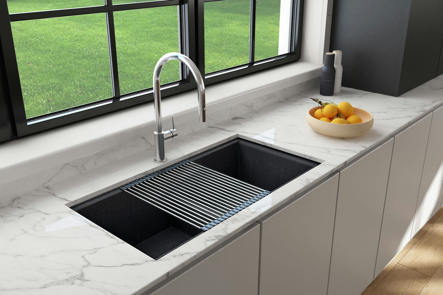 Baveno Lux Undermount 34D" Double Bowl Granite Kitchen Sink in Concrete Gray