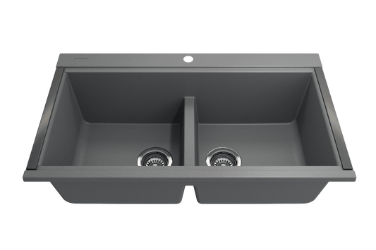 Baveno Lux Undermount 34D" Double Bowl Granite Kitchen Sink in Concrete Gray