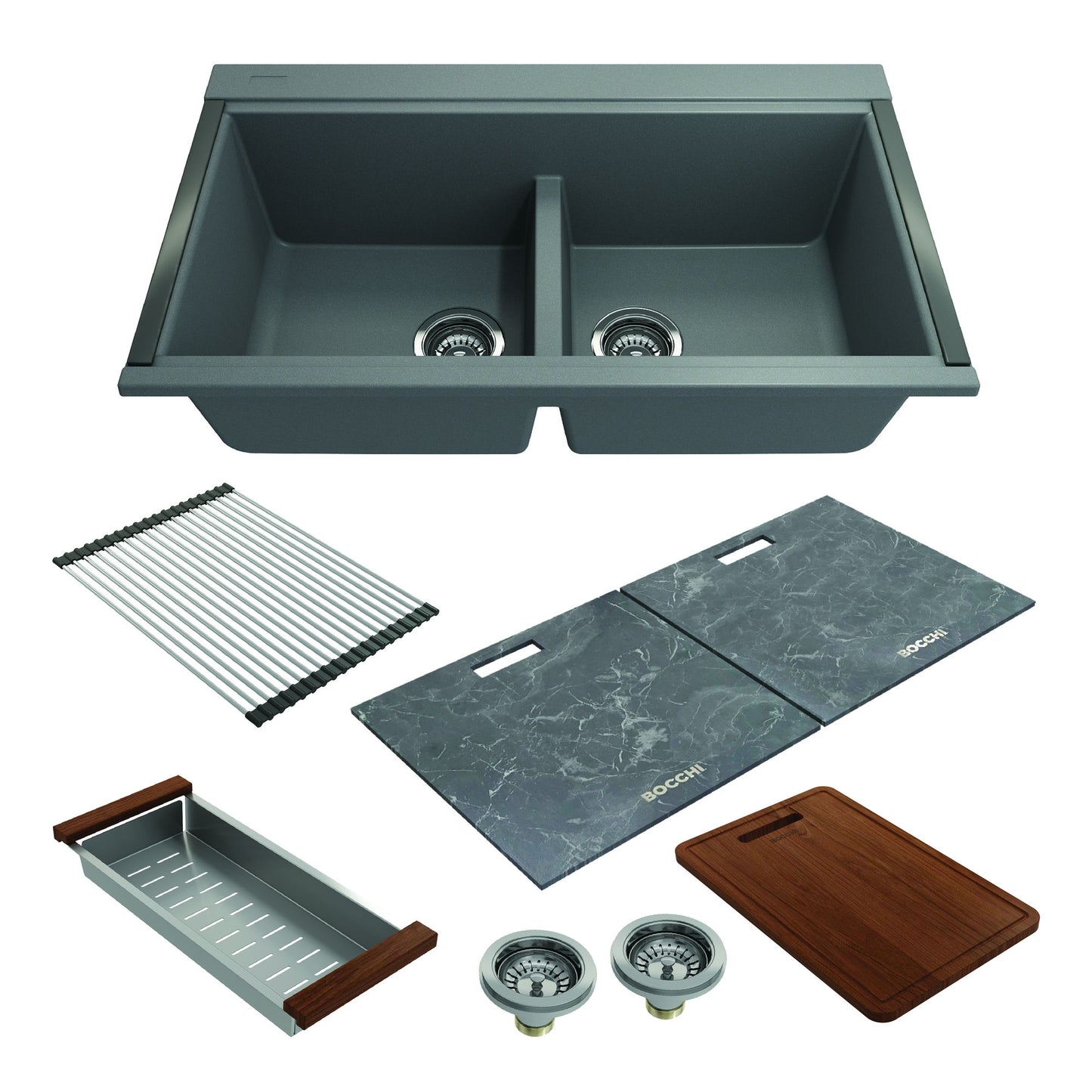 Baveno Lux Undermount 34D" Double Bowl Granite Kitchen Sink Concrete Gray Covers