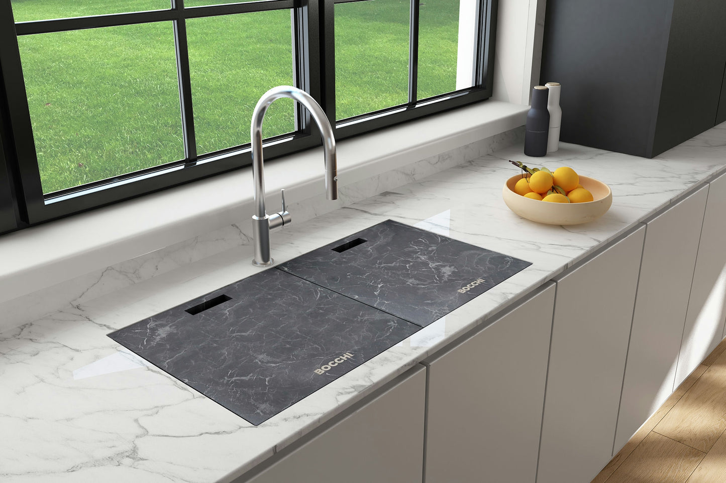 Baveno Lux Undermount 34D" Double Bowl Granite Kitchen Sink Concrete Gray Covers